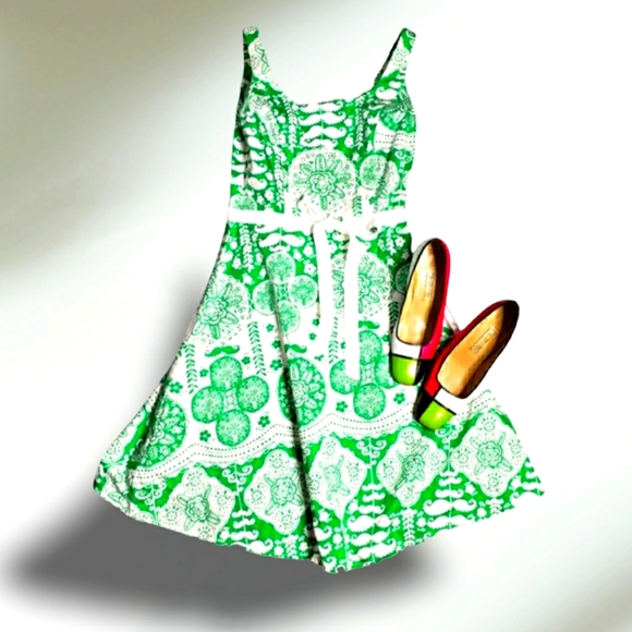 Sundress Fit & Flare Retro Boho Print Square Neckline St Patrick's EUC  7/8 Jr. - Picture 1 of 9